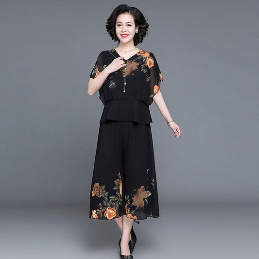 WTEMPO 2pcs Chiffon Shirt Pants Suit Spring and Summer Women's Plus Size Short Sleeve Loose Casual Two-piece Set