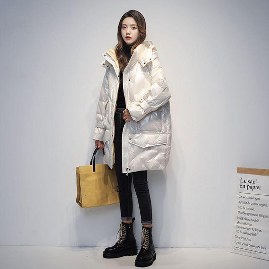 Hooded Down Jacket Women's Mid-length White Patent Leather Glossy Thick White Duck Down Winter Loose Warm Jacket Women