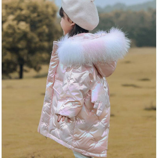Girls' Warm and Windproof Down Jacket Children's Clothing Plus Velvet Mid-length Thickened Shiny Coat