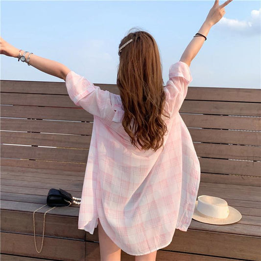 Over The Knee Long Sun Protection Clothing Women Loose Fat MM Plaid Chiffon Shirt Sun Protection Clothing Large Loose Long Coat