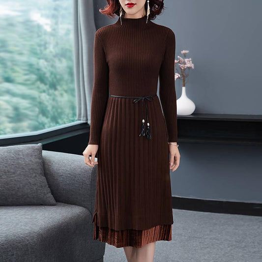 Sweater Dress Women Warm Knitted Slim Dresses Knee-length Sweater Midi Dress Elastic