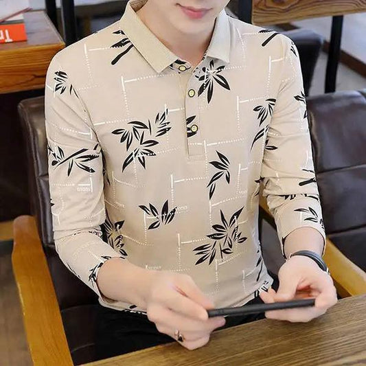 Spring Men's Long-sleeved Floral Printing Polo T-shirt Stitching Color Lapel Shirt Youth Trend Bottoming Shirt Men's Collar Top