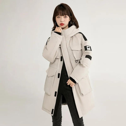 Down Jacket Women's Mid-length High-end Tooling Large Pockets Loose Thickened Coat Winter Warm Drop-shoulder Cotton Clothes Casual Outdoor Jacket