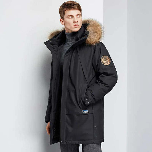 Down Jacket Men's Mid-length Plush Collar New Cold Winter Jacket Casual Hooded Down Jacket