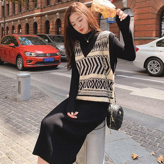 Women's Woolen Skirt Suit Autumn and Winter Retro Rhombus Print Knitted Vest and Turtleneck Sweater Skirt Two-piece set Ladies Outfits
