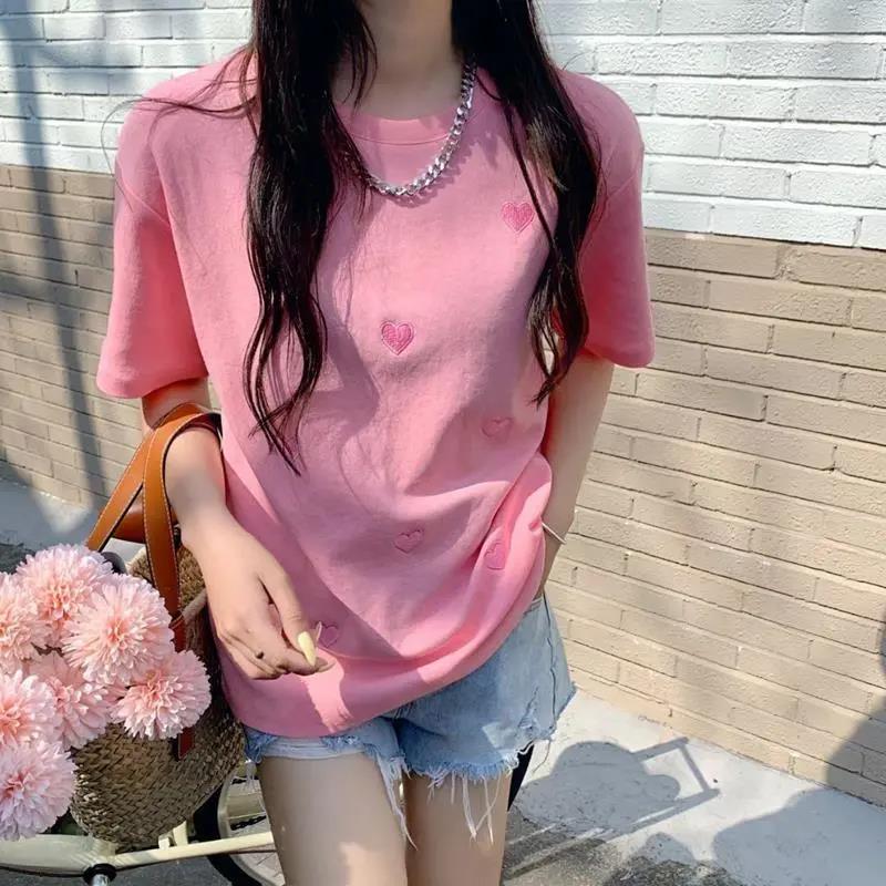 Cotton Women's Summer Round Collar Tees Loose Breathable Love Embroidery Simple Short Sleeve Harajuku All-match T Shirt Tops