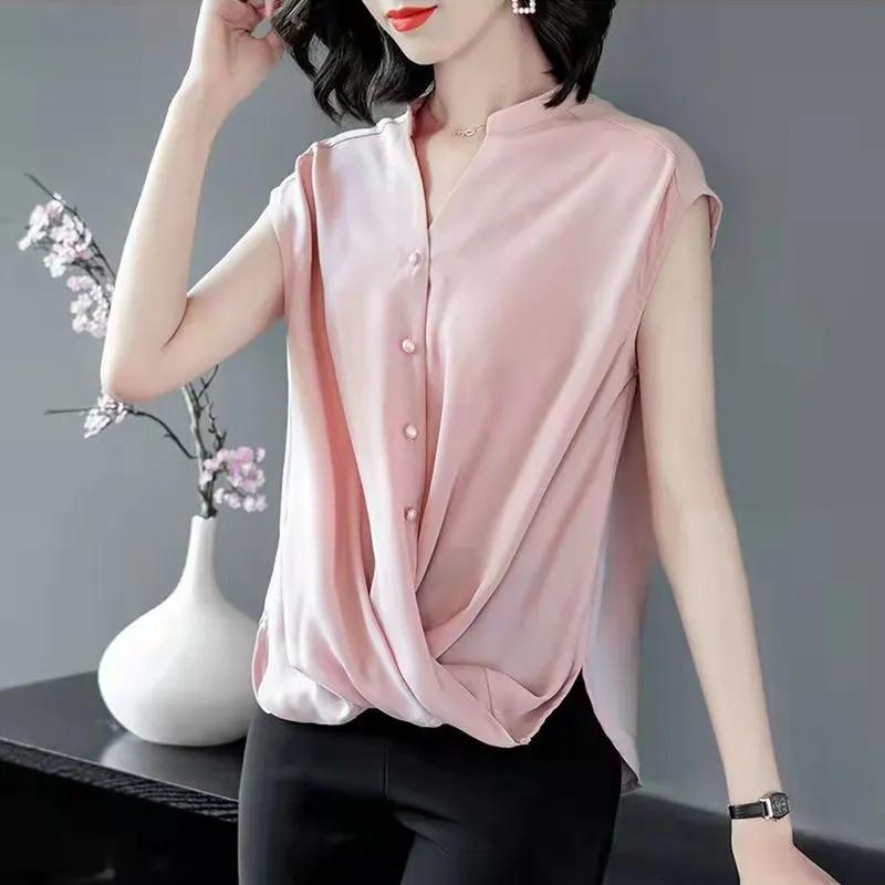 V-neck Chiffon Shirt Women's Summer Belly Cover Blouse Short-sleeved Loose Temperament Sleeveless Slim Solid Color Large Size Shirt Women Summer Top