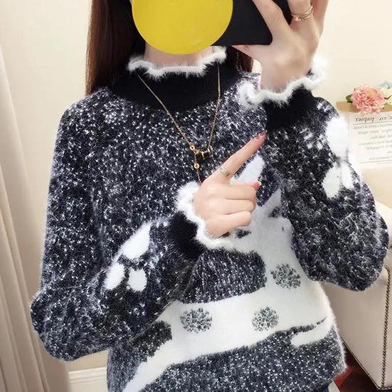 Women's Winter Loose Elk Sweater Female Large Size Temperament Sweater Half-high Lace Collar Christmas Knitted Pullover