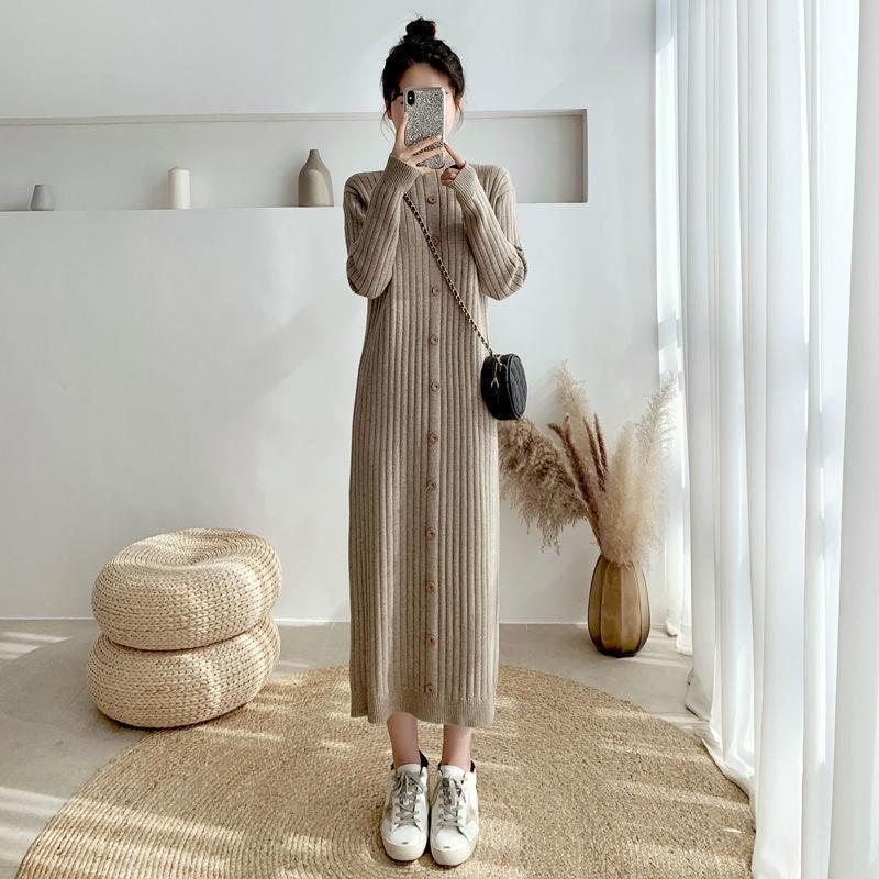 Long Sweater Over The Knee Retro Single-breasted Base Knitted Autumn and Winter Women's Dress