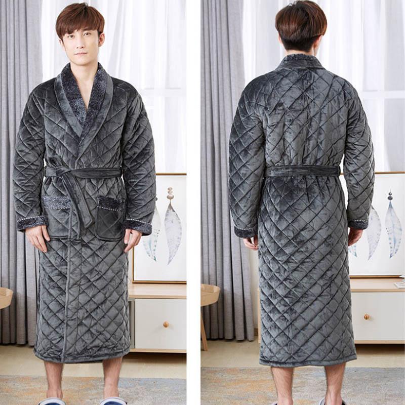 Winter Night Gown Thickened and Long Coral Fleece Quilted Flannel Winter Plus Velvet Bathrobe Pajamas Men