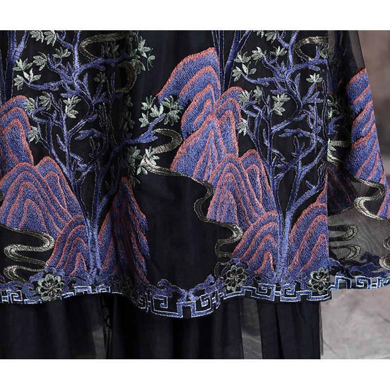 Autumn and Winter Bottoming Skirt Mid-length Retro Ethnic Embroidery Knitted Sweater Dress Long-sleeved Half-high Collar Lace Skirt