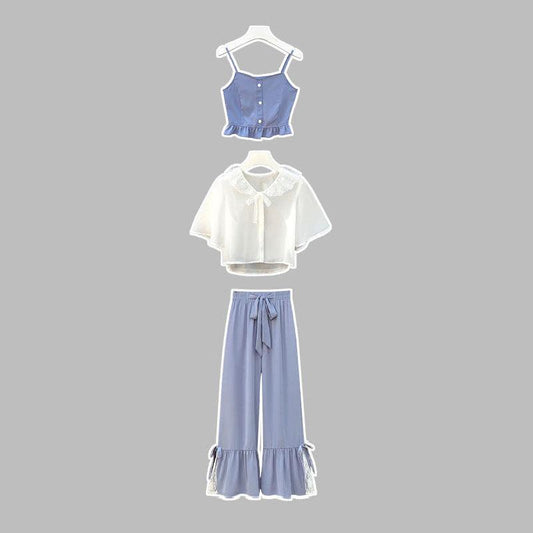 Three-piece Female Summer Loose Camisole + Chiffon Top + High-waist Wide-leg Pants Suit Sweet and Cute Three-piece Lady Suit