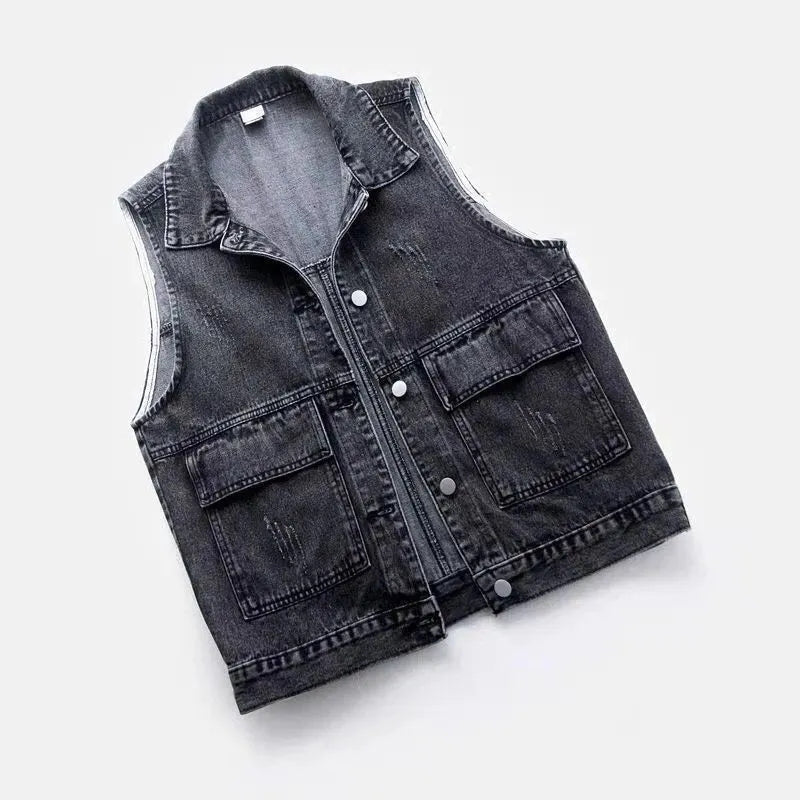 Denim Vest Women's Spring Summer Simple Large Pockets Sleeveless Vest Coat All-match Large Size Loose Top Button Denim Cardigan