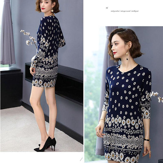 Floral Print Sweater Dress Women Autumn Winter Knitted Pullover O-Neck Long Sleeve Long Knit Dress