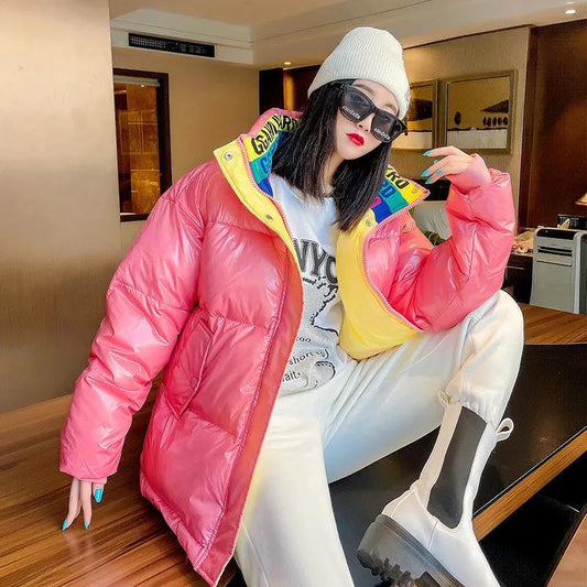 Glossy Disposable Down Jacket Women's Short Stand-up Collar Winter Korean Loose White Duck Down White Letter Coat