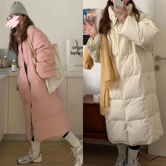 Pink Long Down Padded Jacket Women Loose Warm and Thick Mid-length Padded Jacket Bread Jacket