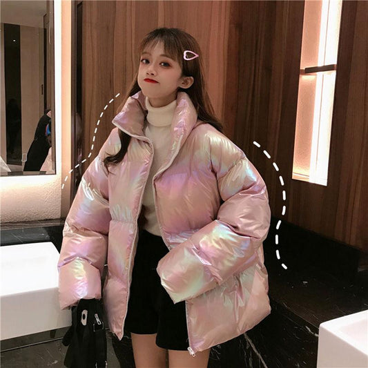 Women's Short Down Jacket Colorful Bright Surface Loose Padded Bread Jacket Cotton Jacket