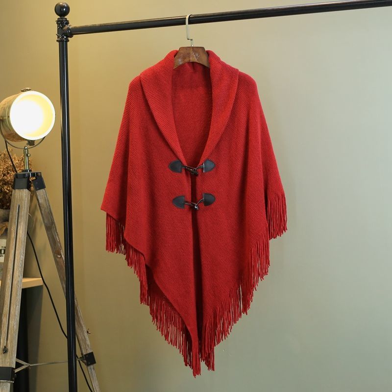 Autumn Outer Wear Shawl Cloak-style Cardigan with Buckle Loose Jacket Women's Autumn and Winter Mid-length V-neck Knitted Cloak
