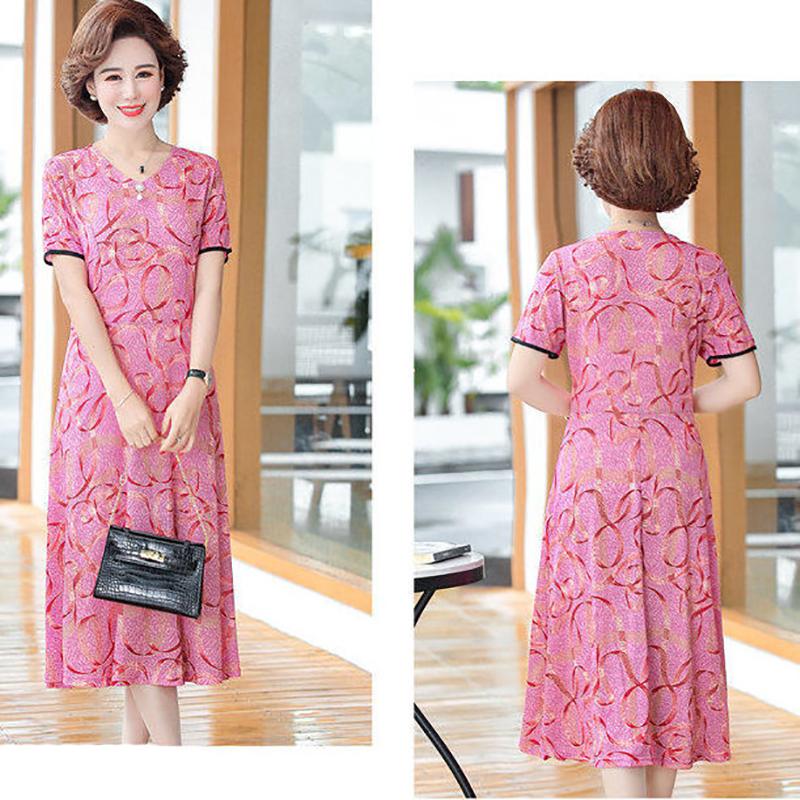 XL-XXXXXL Plus Size Summer Mid-length Printed Floral Ruffle Have Pockets Over-the-knee Dress V-Neck Short Sleeve A-line Skirt