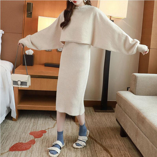 Two Piece Set Women Autumn Wear Loose Pullover Batwing Sweater and Sleeveless Strap Sweater Dress Ladies Outfits