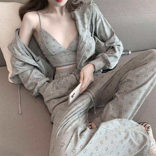 3PCS Ladies Leisure Suit Sports Three-piece Temperament Jacket + Age Reduction Sling + Loose Wide Leg Pants Jogging Pajamas Girls Athletic Clothing
