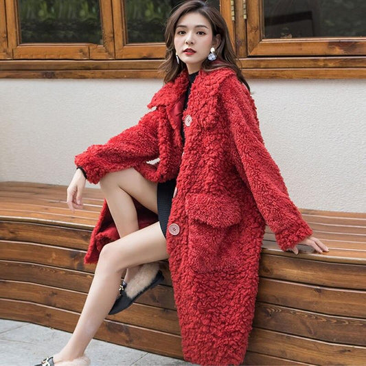 Fur & Faux Fur Imitation Lambswool Solid Color Women's Fur Jacket Winter Warm Fashion Medium Long Women Fur Coat Outwears