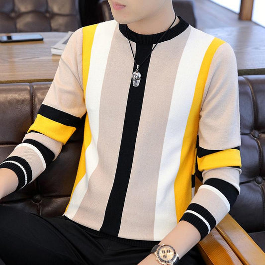 Autumn and Winter Striped Sweater Slim Young Men's Round Neck Knit Bottoming Shirt Long-sleeved Splicing Color Pullover Top