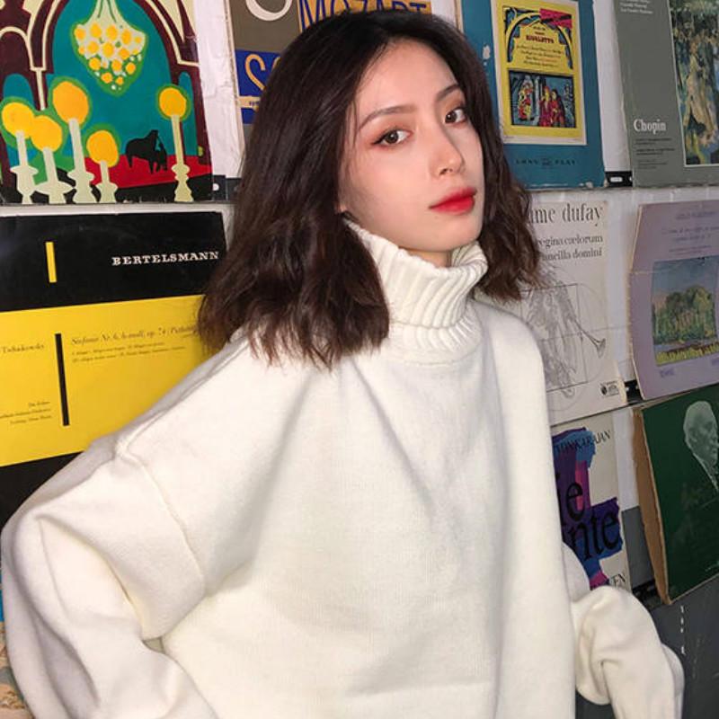 Pofulove Solid Color Thick Turtleneck Sweater Female Students Winter Lazy Wind Loose Pullover Knitted Jacket Wild Jacket