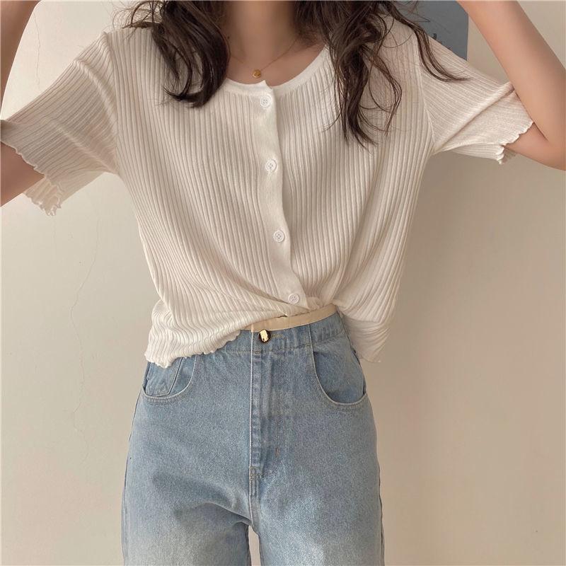 Summer and Autumn Knitted Tops Round Neck Short-sleeved Sweater Cardigan Loose Young Women's Jacket