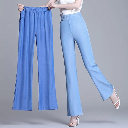 Women's Summer Breathable Thin Tencel Jeans Loose Straight Nineth Elastic High Waist Pants Business Casual Pants Bell-bottomed Trousers