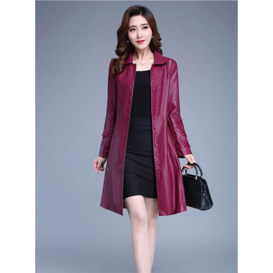 Women's Leather Jacket Mid-length Autumn and Winter Slim Waist Windproof Jackets Female PU Leather Korean Style Turndown Collar Windbreaker