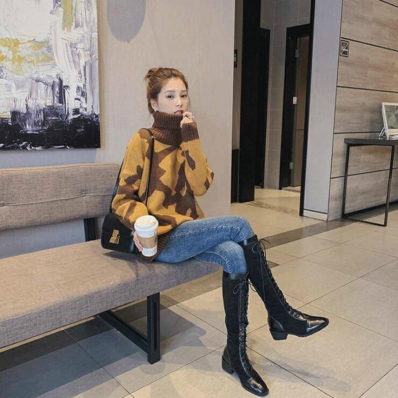 Women Knitted Sweaters Puff Printed Long Sleeve Loose Fit Pullover Leopard Winter Ladies Tops