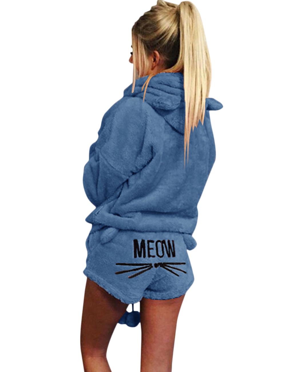 Women Fashion Warm Cute Cat Two Piece Hoodie Sleepwear Winter Pajamas Set Plus Size