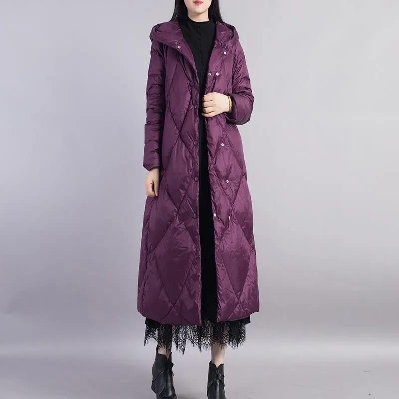 Long Down Jacket Winter Women's Art and Leisure Loose Hooded Jacket Large Size Thickened Warmth and Long Over-the-knee Jacket