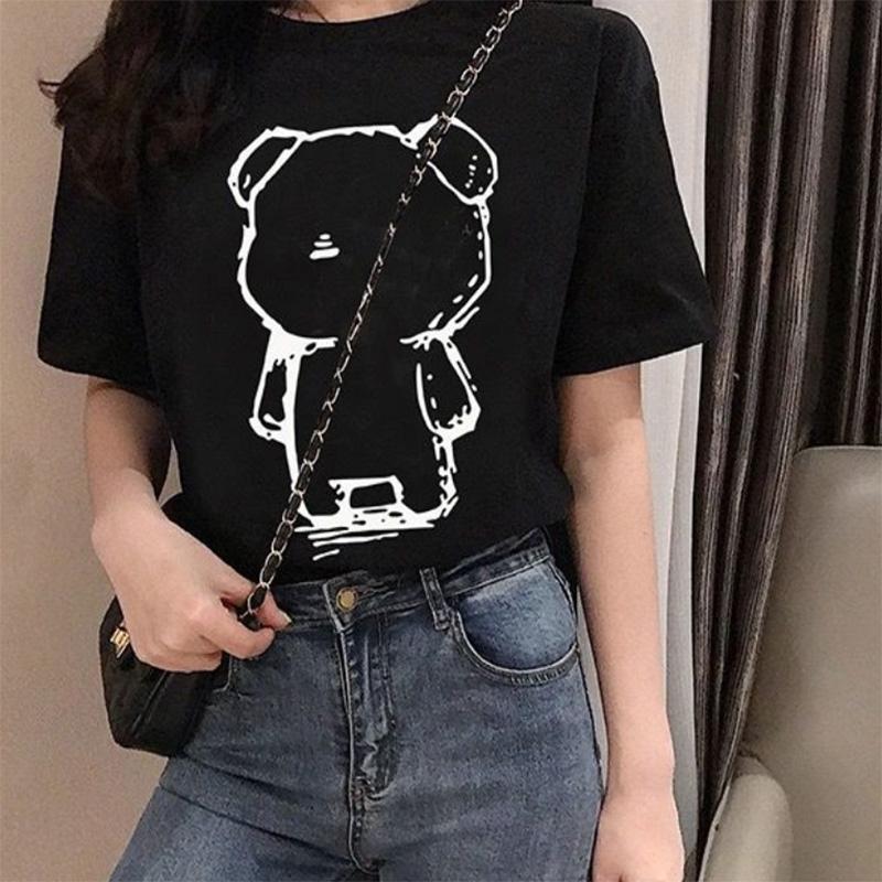 Cotton Short-sleeved T-shirt Women's Loose Korean Style Fashion Solid Color Bear Half-sleeve Top Clothes