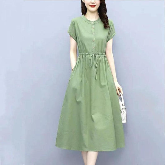 Women's Summer Dress Solid Color Round Neck Skirt Women's Large Size Mid Length A-Line Skirt