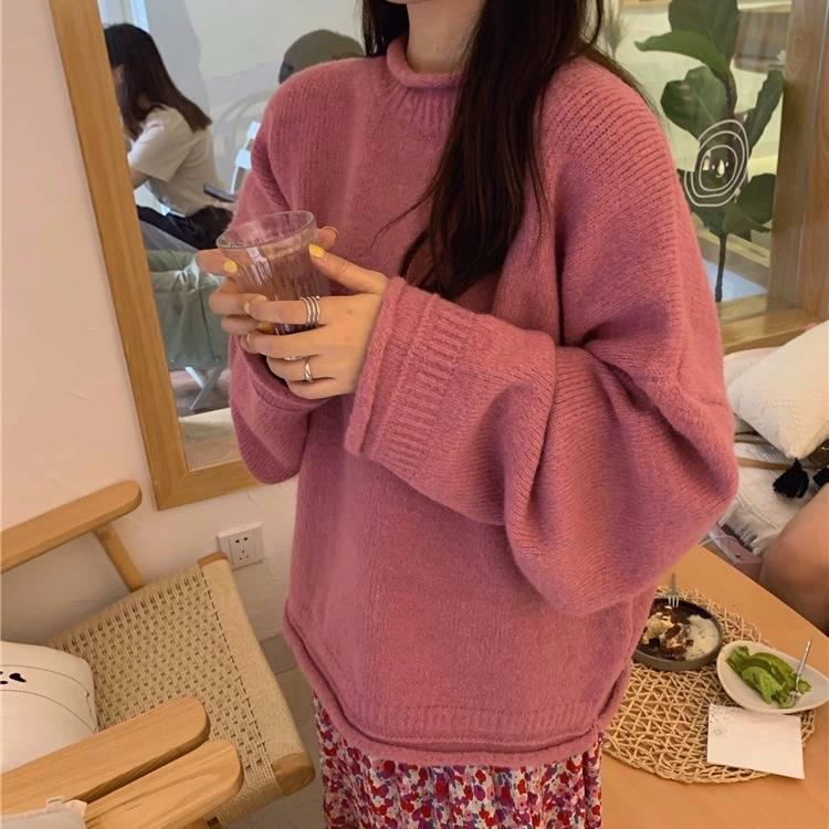 Pofulove Candy Color Sweater Autumn Winter Korean Loose Lazy Curled Long-sleeved Round Neck Sweater