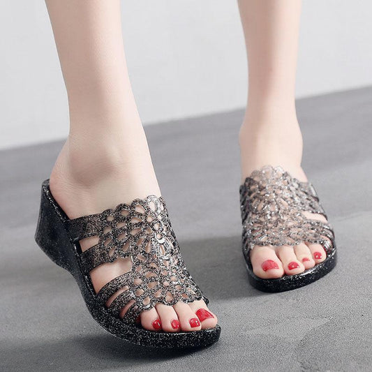 High-heeled Sandals and Slippers Plastic Non-slip Home Bathroom Thick-soled Slippers Ladies Beach Shoes Outer Wear Fish Mouth Sandals