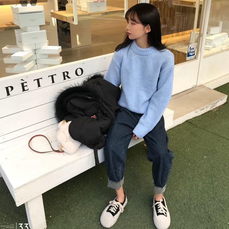 Pofulove sweet and cuteGirlfriend Dress Loose Round Neck Chic Mesh Red Sweater Schoolgirl