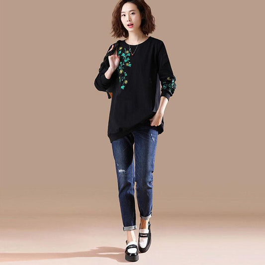 Women Ladies Long Sleeve Loose Blouse Summer Round Neck Casual T-Shirts Tops Clothing embroidery Casual Soft Pullover