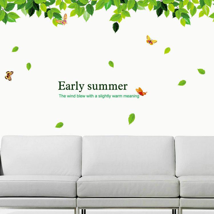 Pastoral green living room bedroom sofa new green leaves wall stickers early summer wallpaper