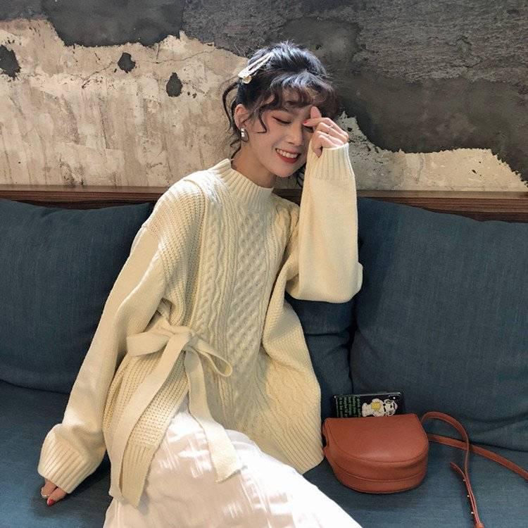 Pofulove Lace Up Design Retro Split Sweater Twist Loose Long-sleeved Knitted Sweater Women