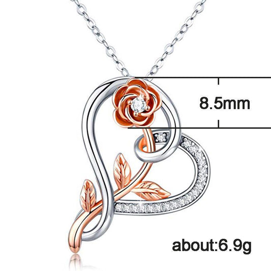 Luxury Rose and Heart Shaped Pendant Necklace Zircon Floral Pendant Silver Fine Necklace for Women Gift Jewelry