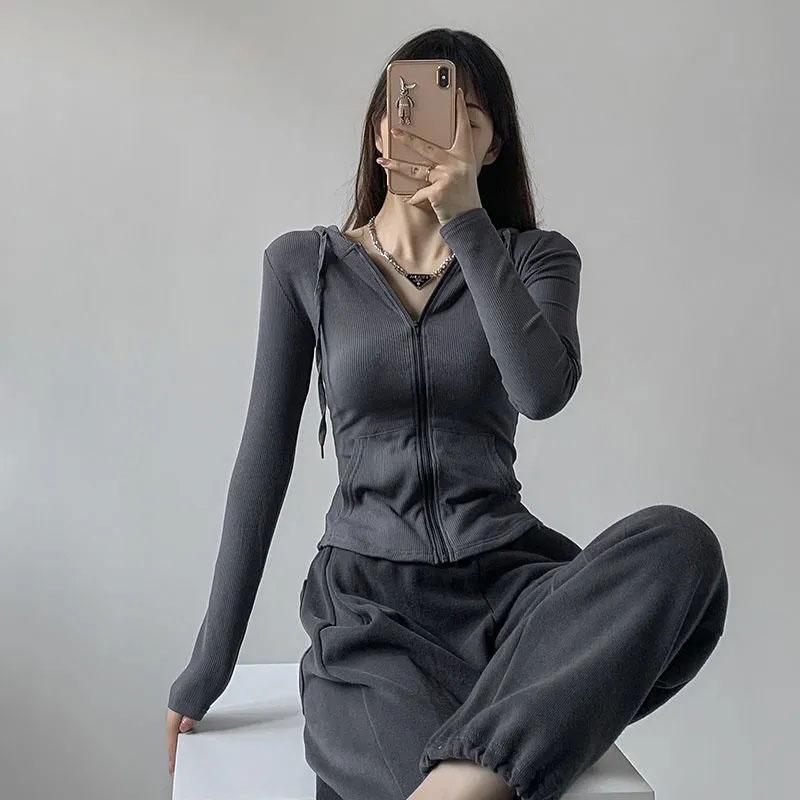 American Women's Retro Hooded Sweater Short Gray Long-sleeved Top Early Autumn Thin Section Pure Desire Slim Fit Zipper Cardigan Jacket Girl's Top