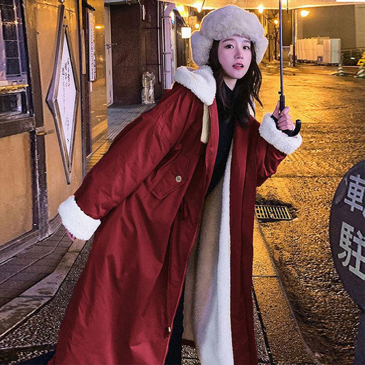 Lamb Wool Coat Female Korean Version Loose Winter Mid-length Plus Velvet Parka Cotton Ins Tooling Jacket