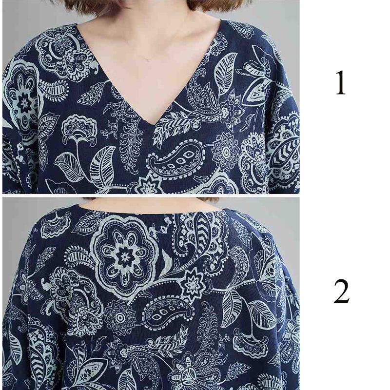 WTEMPO Plus Size Women Dress Summer V-neck Solid Color Long Dress Casual Mid-calf Length Print Dress