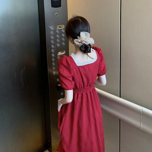 Large Size Red Square Collar Dress Female Summer French Retro Waist Slimming Long Skirt Lace Neckline Sexy Elegant Cute Playful Dress