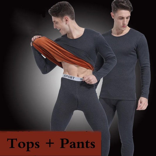 Tight Suit Thicken Plus Velvet O-neck Tops Pants Men Winter Thermal Underwear Plus Velvet Tops Pants Windproof Comfortable Soft Lining Long Sleeve