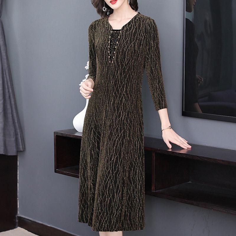Fashion Diamond Bright Silk Dress Long Sleeve Round Neck Slim Plus Size Dresses For Women