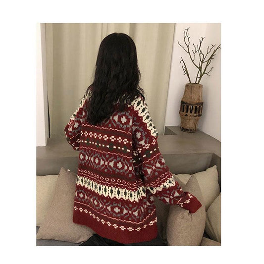Autumn and Winter Cherries Red Jacquard Christmas Sweater Women Loose-fitting Pullover Sweater